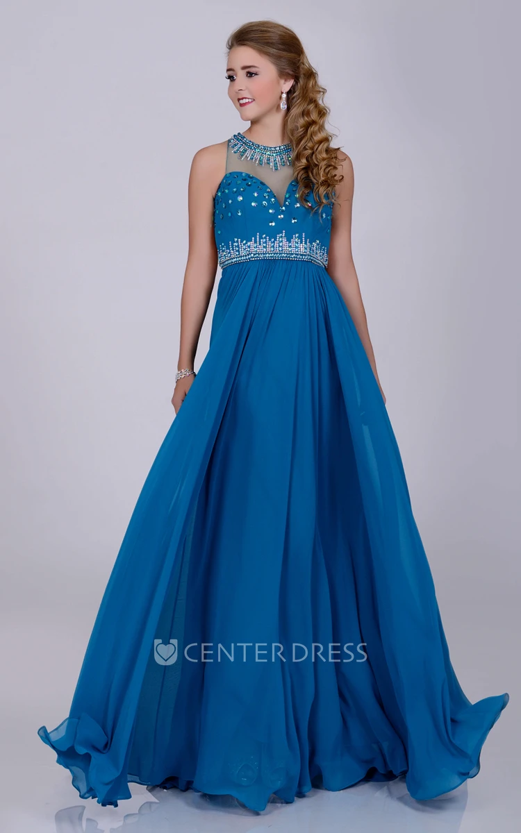 A-Line Chiffon Sleeveless Prom Dress With Rhinestone Neck And Sequined Bust