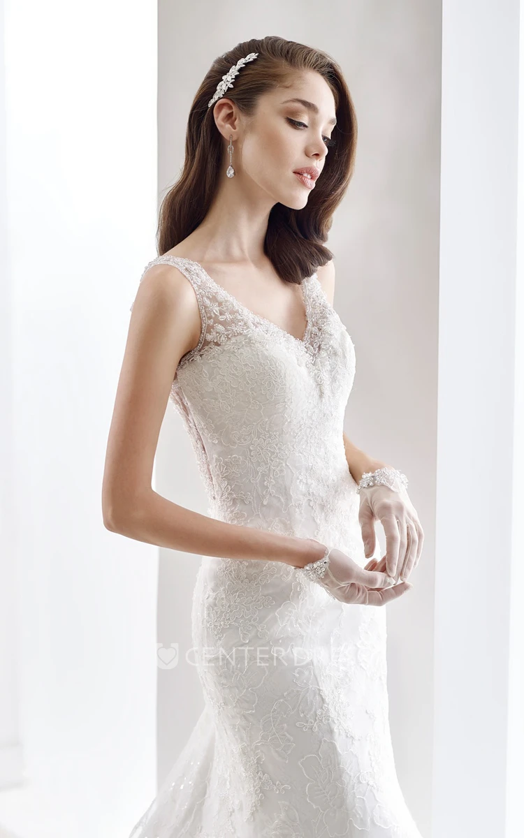 V-neck Cap sleeve Sheath Wedding Gown with Keyhole Back and Illusive Lace Straps