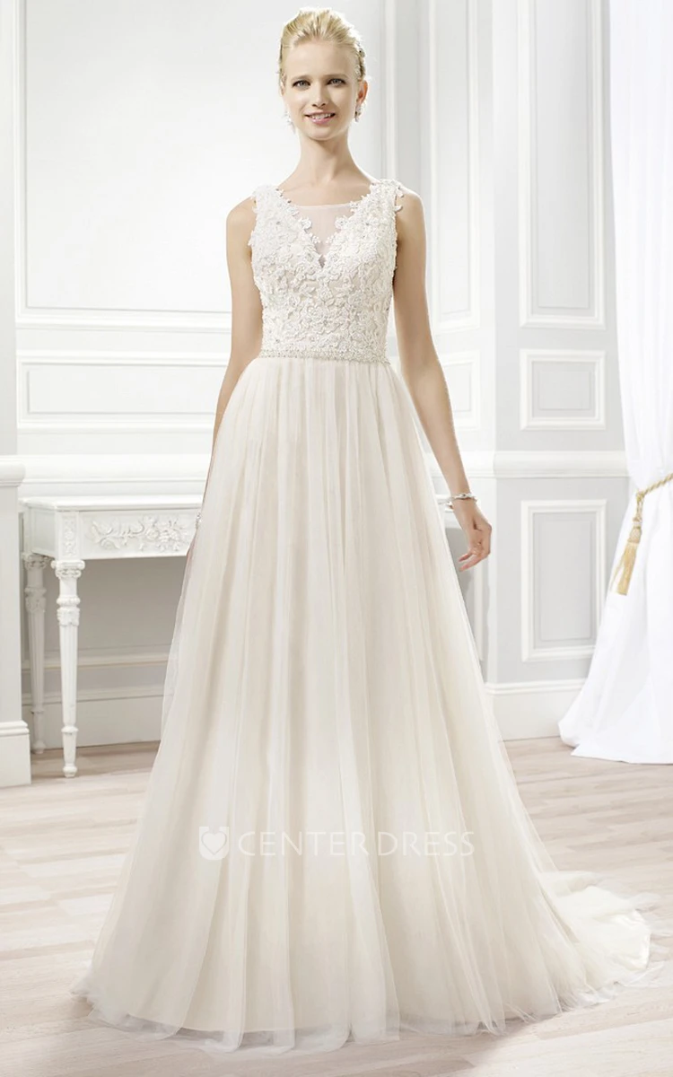 A-Line Sleeveless Bateau Floor-Length Appliqued Lace&Tulle Wedding Dress With Pleats And Illusion Back