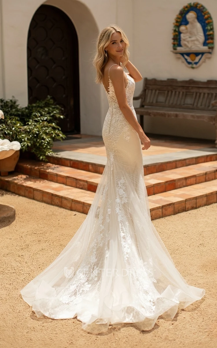 Modern Sexy Trumpet Lace Tulle Spaghetti V-neck Spring Wedding Dress Romantic Floor-length Sleeveless Low-V Back Bridal Gown with Appliques Court Train