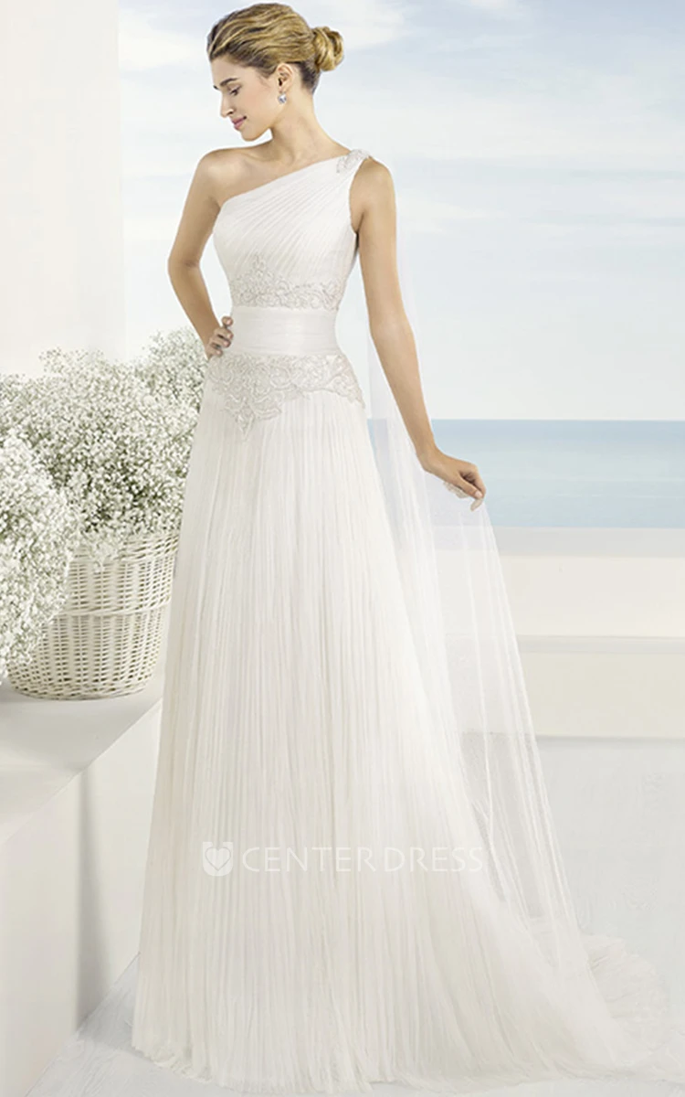 Long One-Shoulder Appliqued Tulle Wedding Dress With Pleats