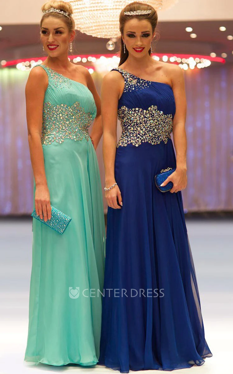 Sheath Floor-Length One-Shoulder Ruched Chiffon Prom Dress With Beading