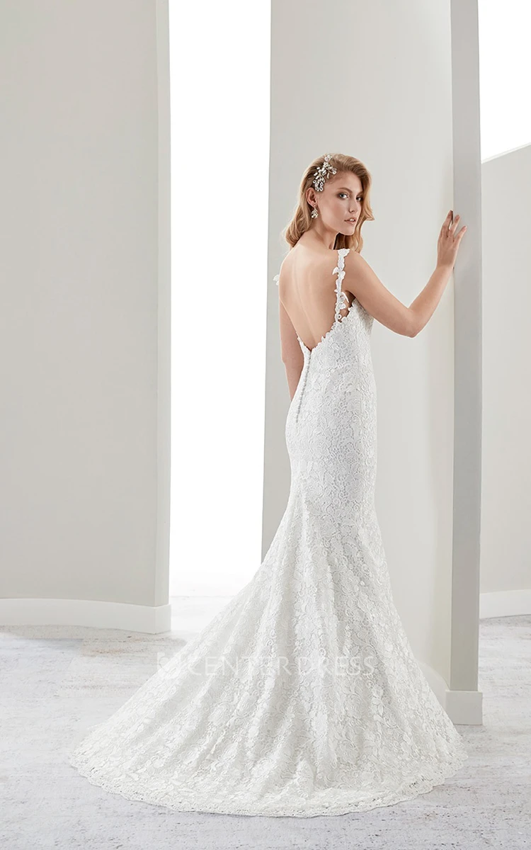 Sweetheart Brush-Train Sheath Lace Bridal Gown With Spaghetti-Straps And Open Back