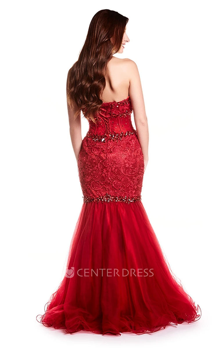 Mermaid Crystal Sweetheart Sleeveless Floor-Length Tulle&Lace Prom Dress With Backless Style And Appliques