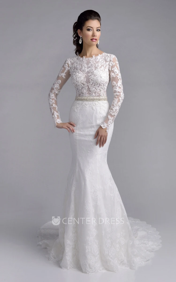 Mermaid Long Sleeve Lace Bateau Neck Wedding Dress Featuring Shimmering Detailing