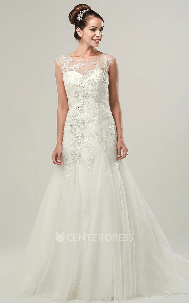 A-Line Floor-Length Bateau-Neck Appliqued Cap-Sleeve Tulle Wedding Dress With Beading