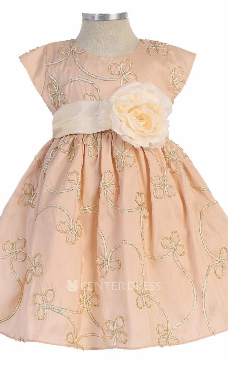Tea-Length Floral Cap-Sleeve Bowed Taffeta Flower Girl Dress With Embroidery