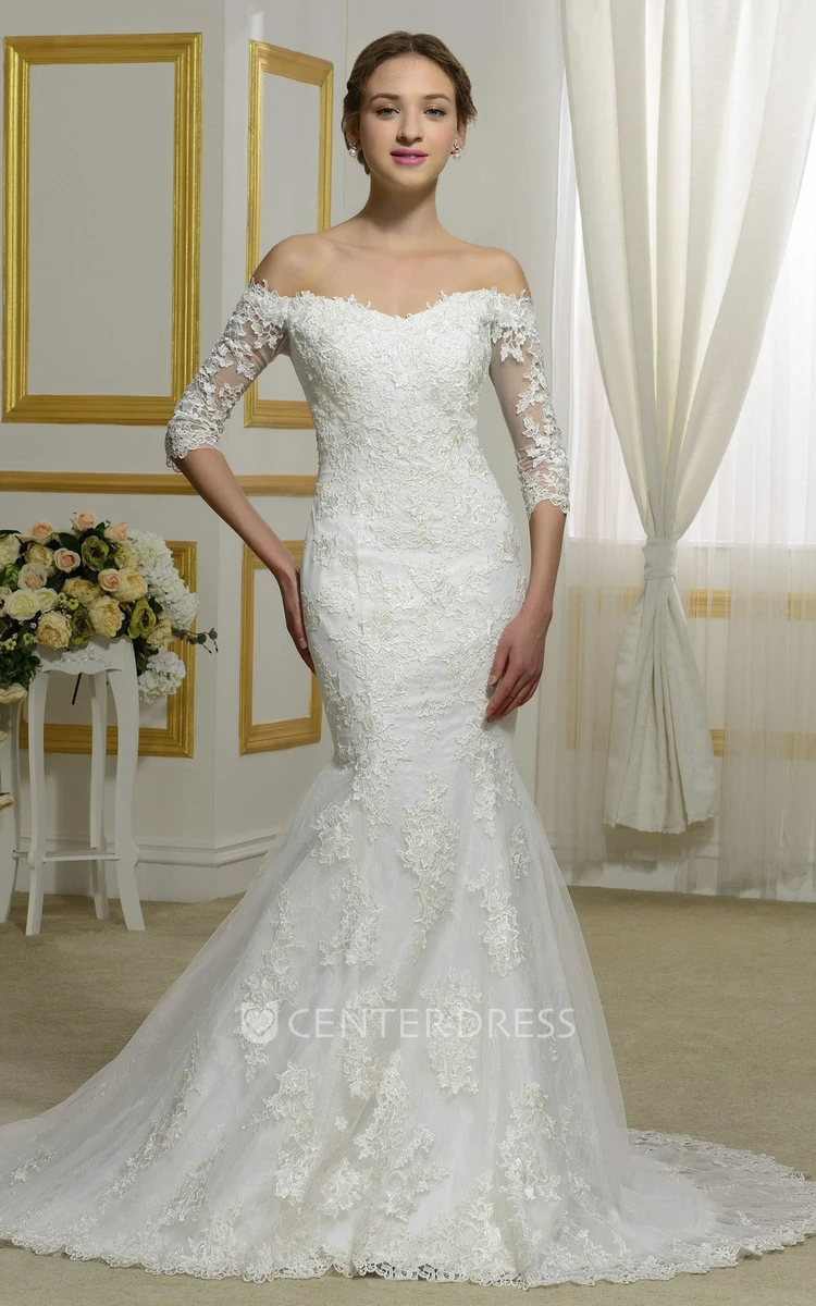 Off-the-shoulder Illusion Button Back Lace Elegant 3/4 Sleeve Mermaid Wedding Dress