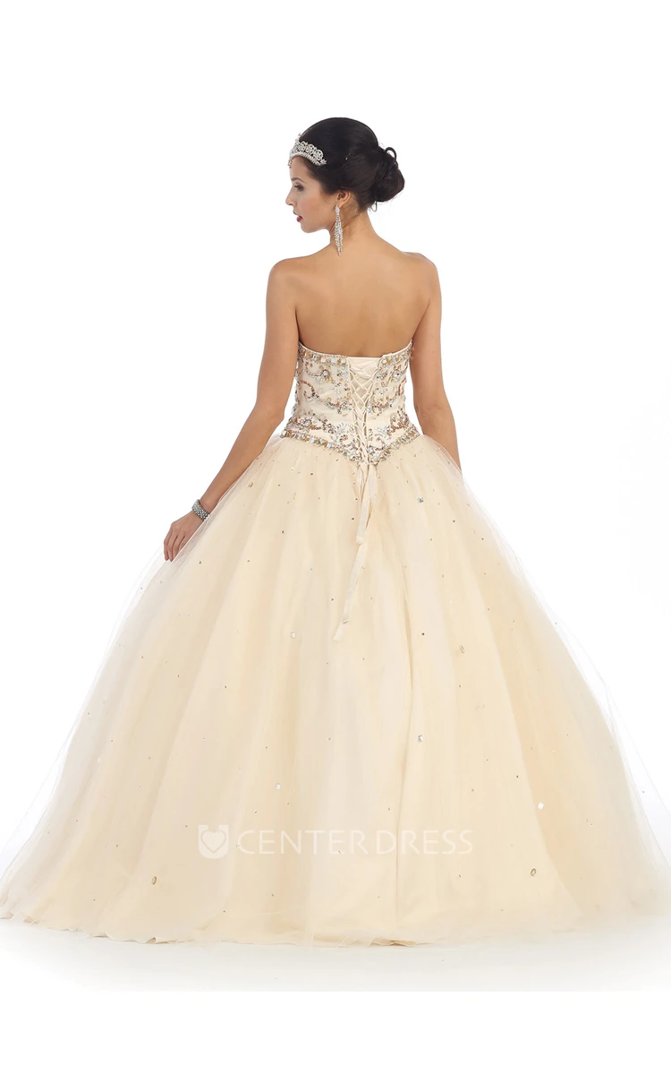 Ball Gown Long Sweetheart Tulle Satin Lace-Up Dress With Cape And Beading