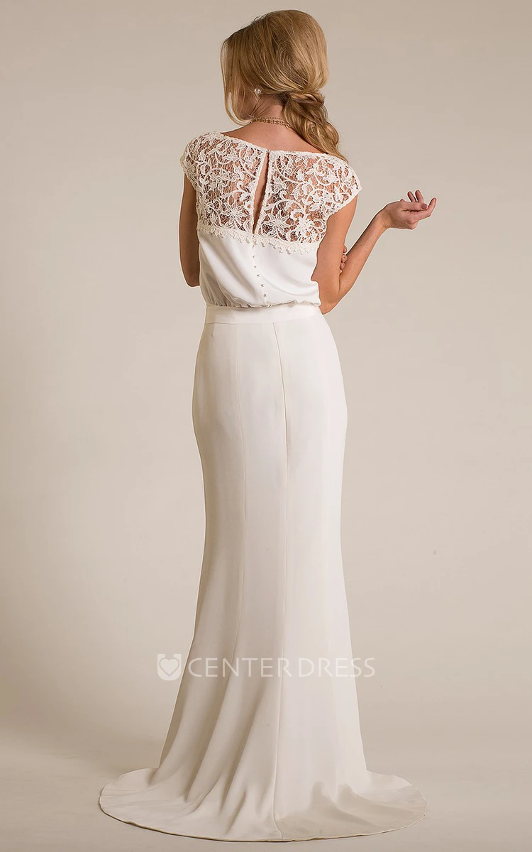 V-Neck Floor-Length Lace Cap-Sleeve Chiffon Wedding Dress With Brush Train