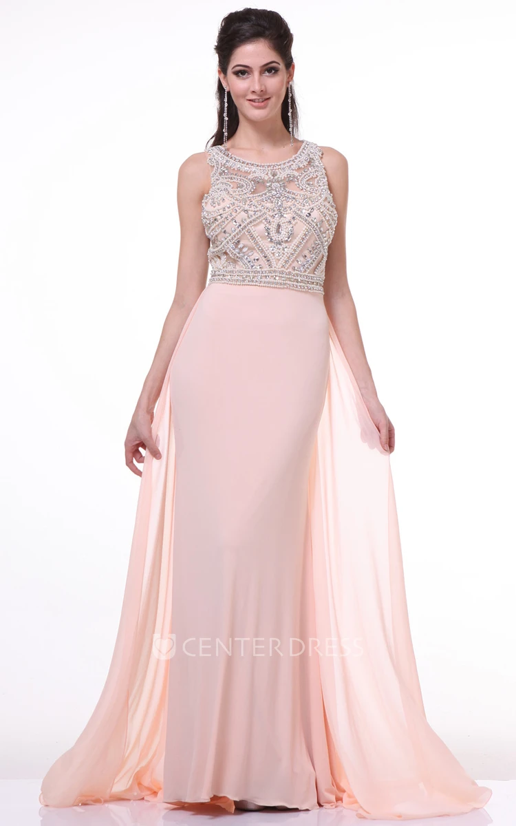 Sheath Long Scoop-Neck Sleeveless Jersey Illusion Dress With Crystal Detailing