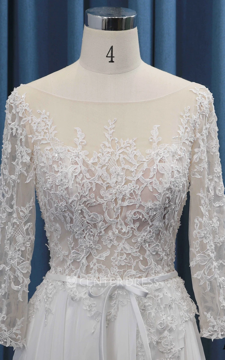 A-line 3/4 Sleeve Lace Top And Chiffon Ruching With Sash Adorable Wedding Dress