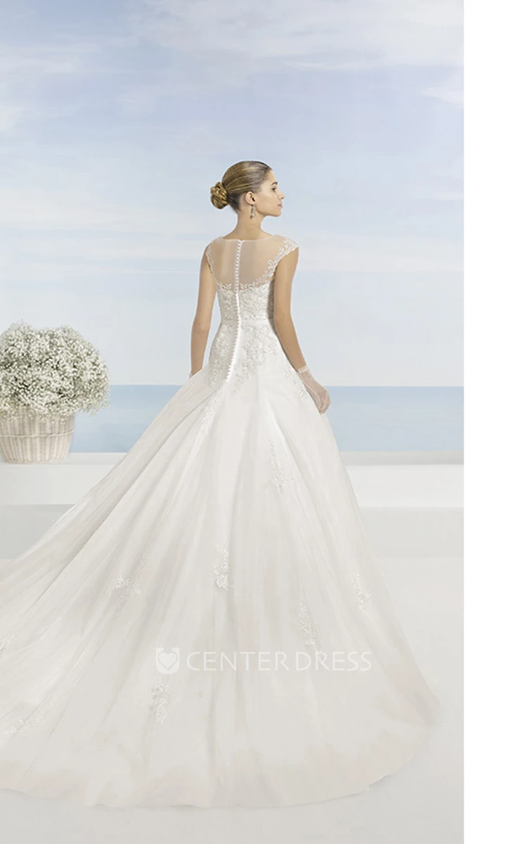 A-Line Bateau-Neck Long Satin Wedding Dress With Appliques And Illusion