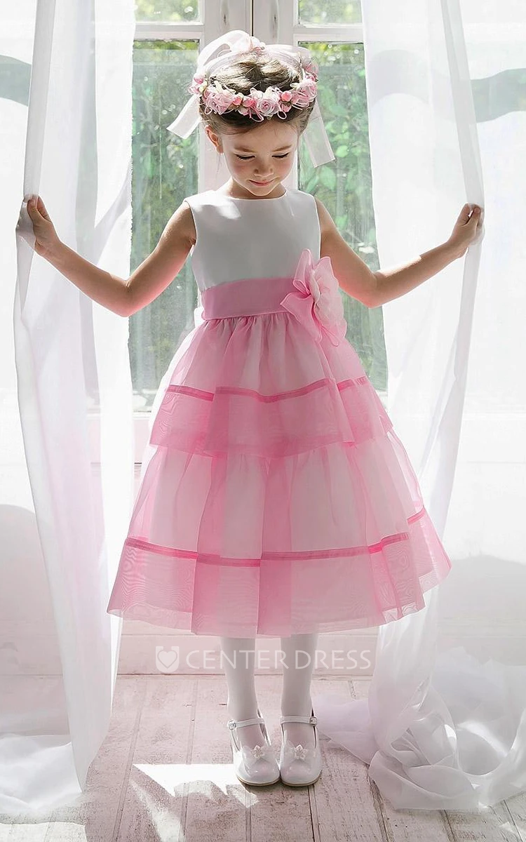 Tea-Length Floral Tiered Beaded Sequins&Organza Flower Girl Dress With Split Front