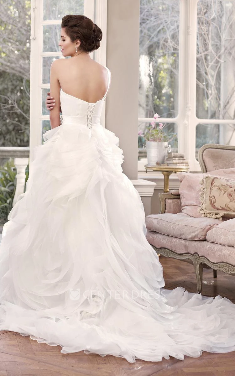Maxi One-Shoulder Jeweled Organza Wedding Dress With Chapel Train And Corset Back