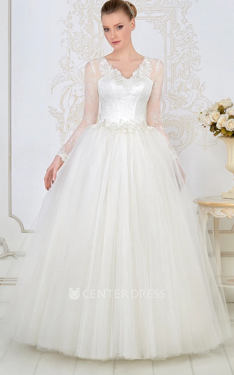 Ball Gown Maxi V-Neck Lace Long-Sleeve Tulle Wedding Dress With Appliques And Beading