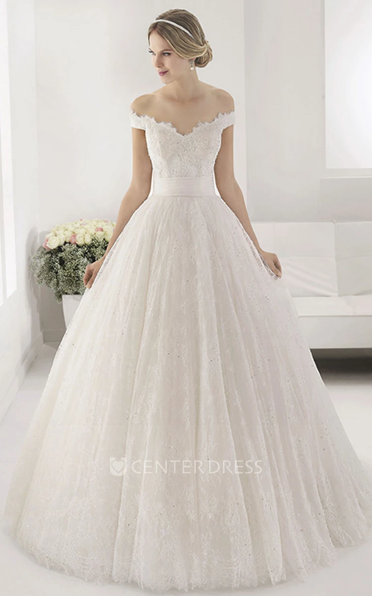 Off Shoulder Sequined Lace Ball Gown With Bandage Back Flower