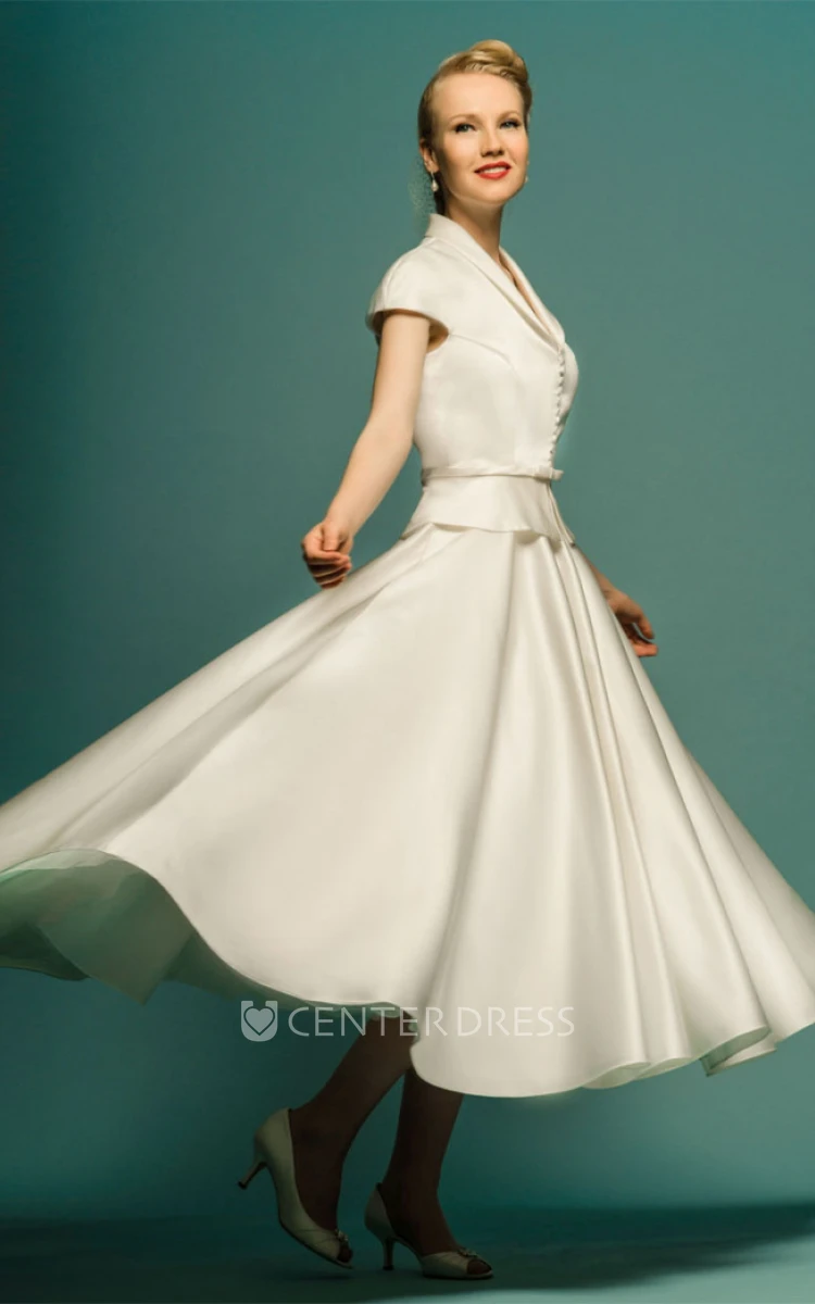 Tea-Length A-Line Scoop Neck Cap Sleeve Satin Wedding Dress