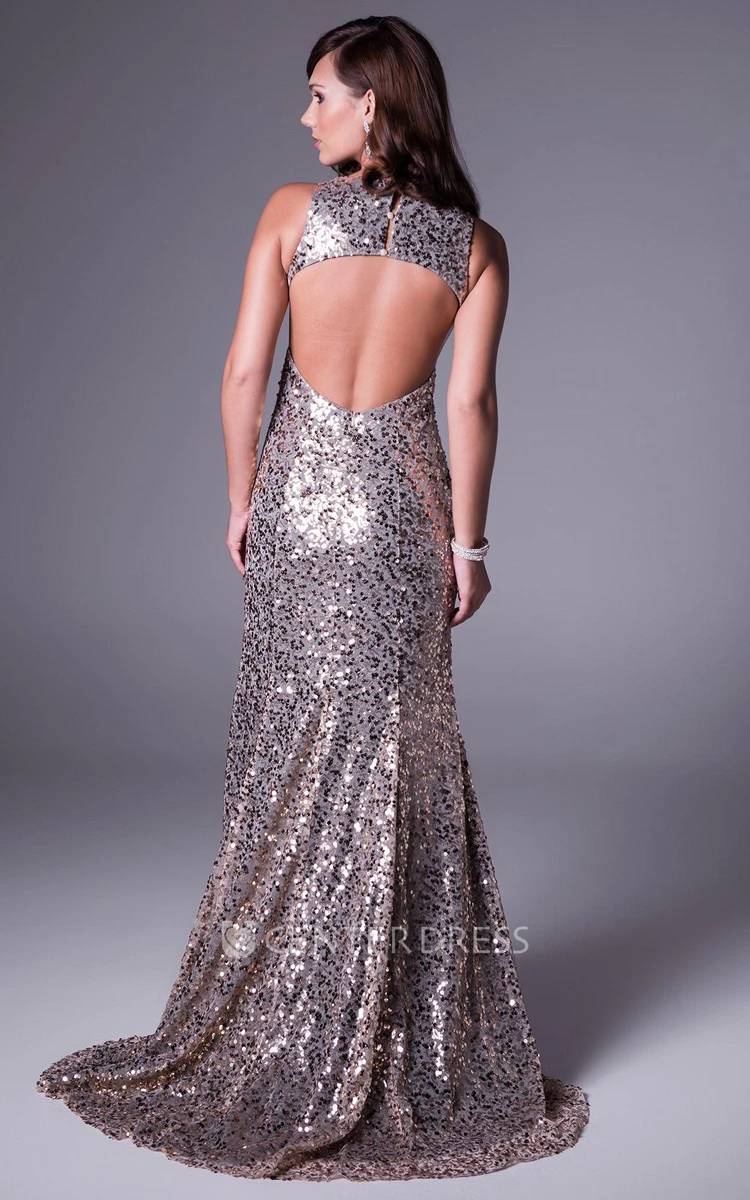 Sheath Floor-Length Sleeveless V-Neck Sequins Prom Dress