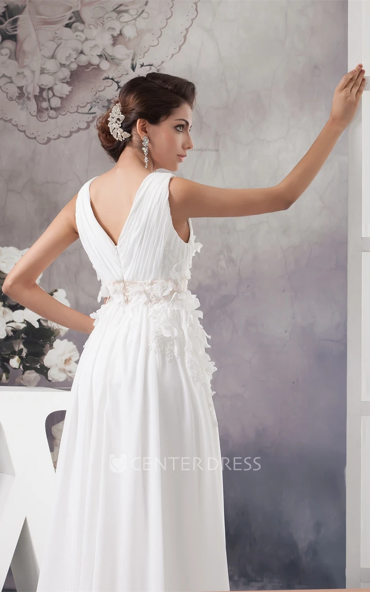 High-Low V-Neck Chiffon Sleeveless Dress with Ruching and Floral Waist