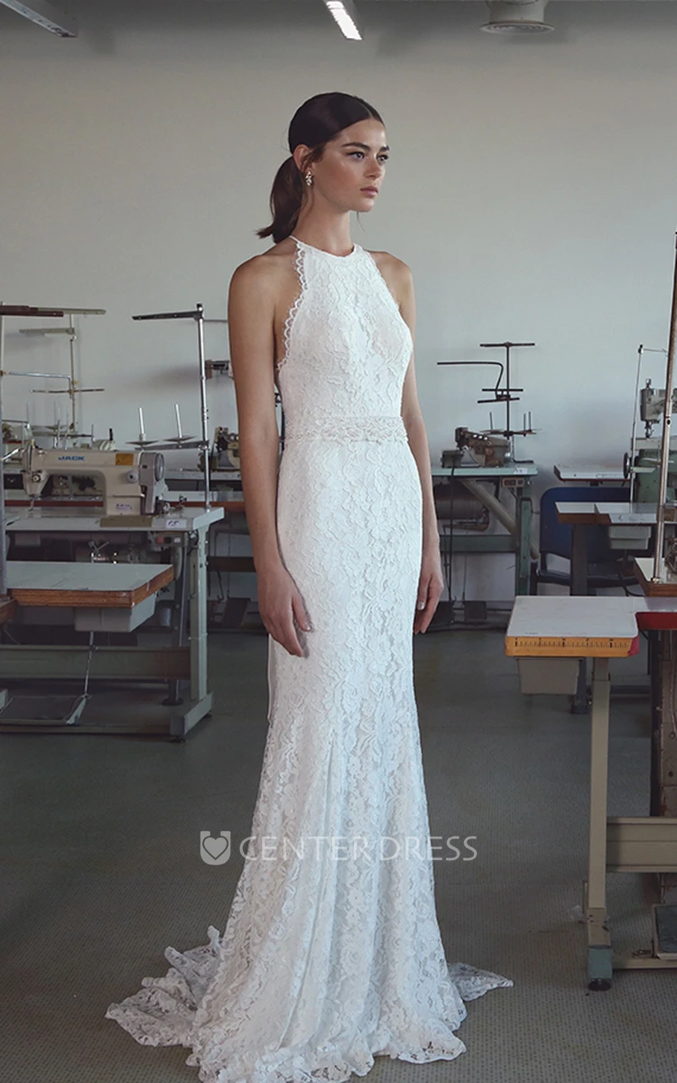 Ethereal Lace Halter Long Bridal Gown with Bow and Sweep Train