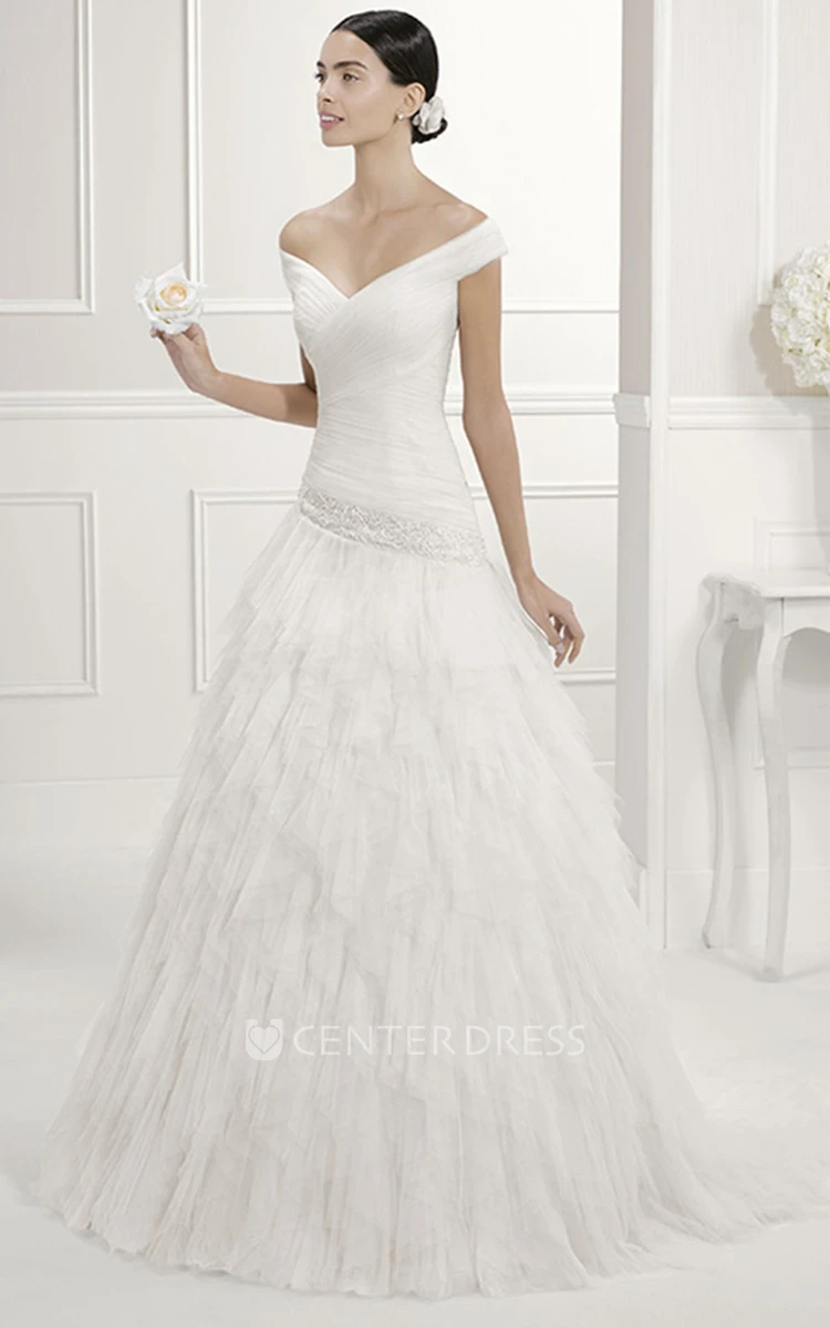 Off Shoulder V Neck Drop Waist Bridal Gown With Tiered Tulle Skirt