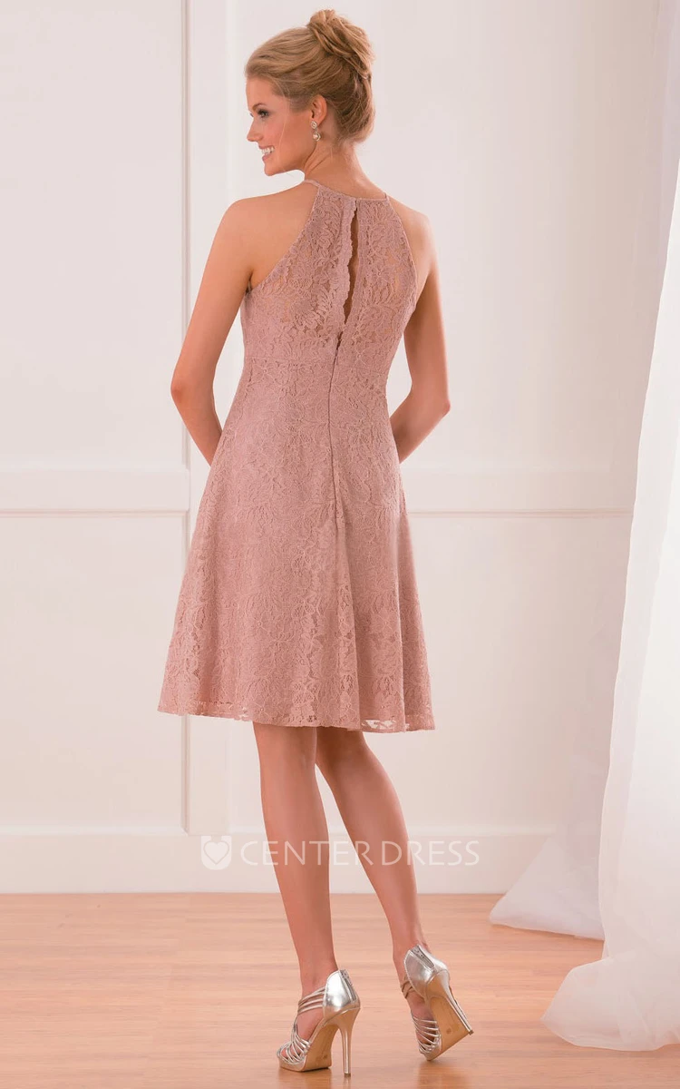 High-Neck Sleeveless Knee-Length Lace Bridesmaid Dress With Keyhole