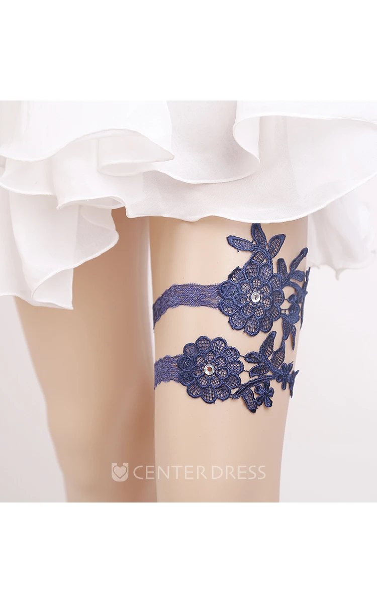 Original Handmade Beaded Blue Lace Princess Style Elastic Garter Belt Within 16-23inch