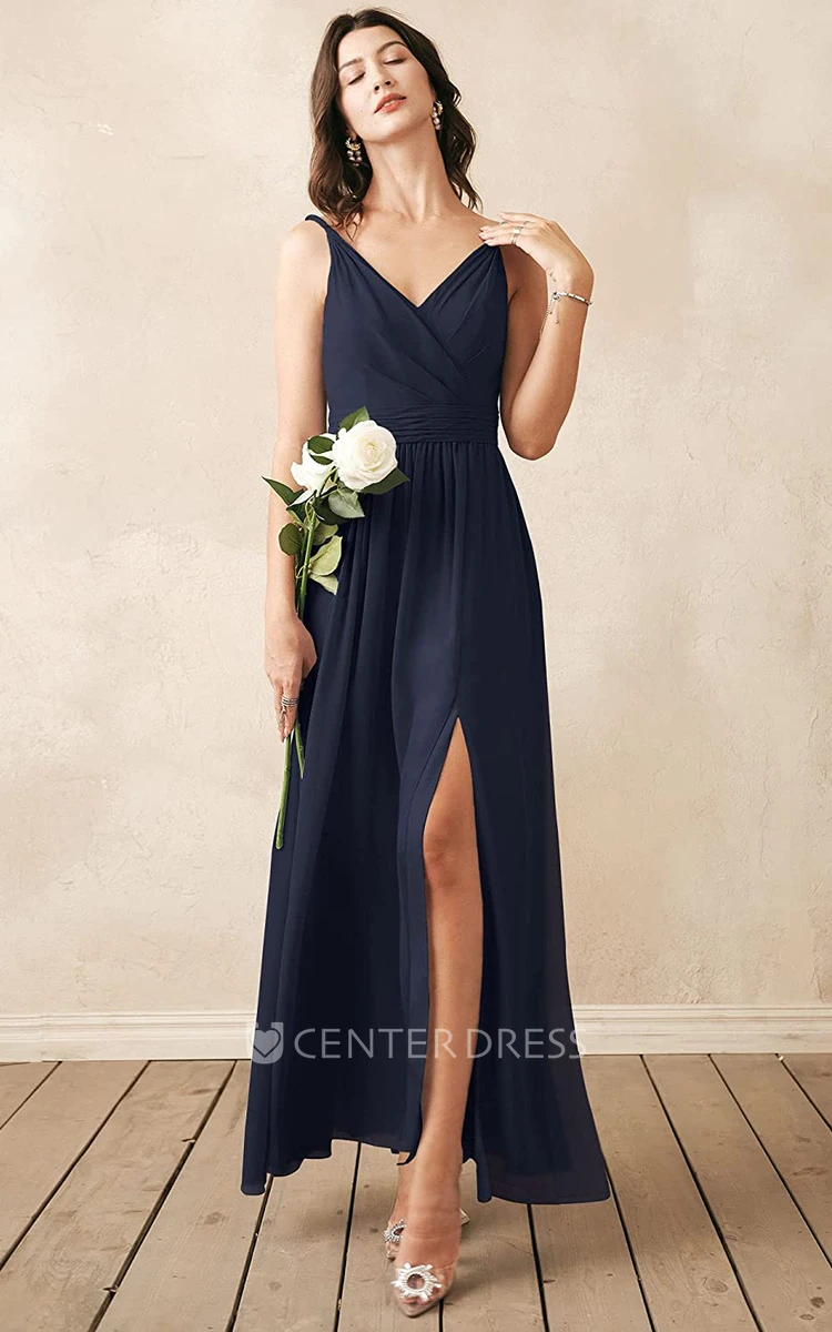 Sexy Chiffon Ankle-length V-neck A Line Sleeveless Bridesmaid Dress With Ruching