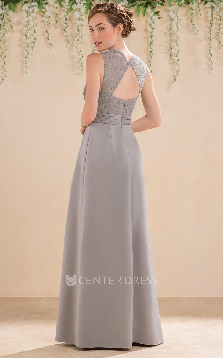 V-Neck Sleeveless A-Line Bridesmaid Dress With Lace Bodice And Keyhole Back