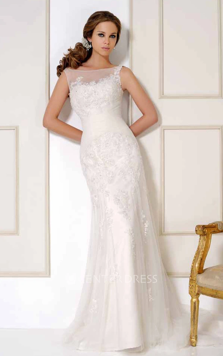 Floor-Length Bateau Appliqued Tulle Wedding Dress With Court Train And V Back