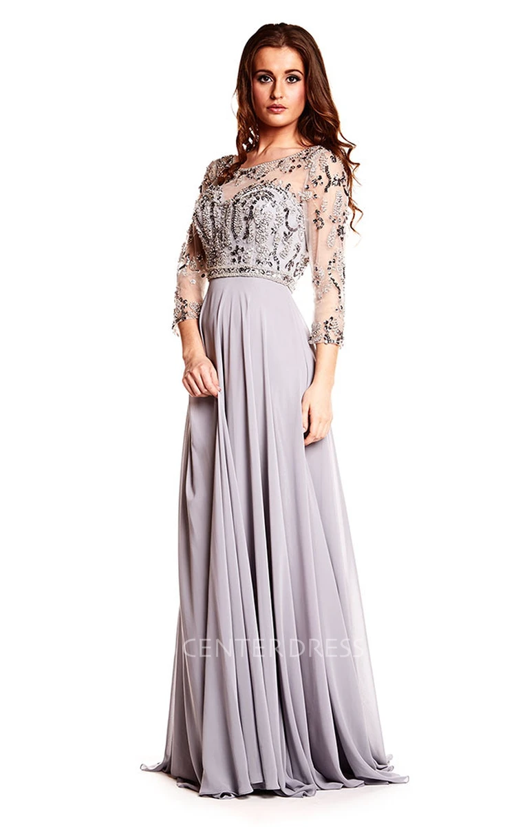 Maxi Long Sleeve Beaded Scoop Neck Chiffon Prom Dress With Illusion Back