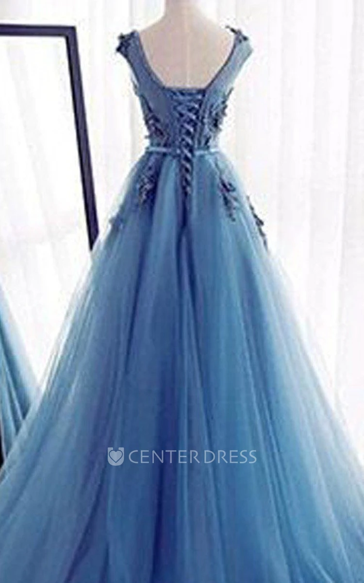 Cap Short Sleeve Floor-length A-Line Jewel Lace Tulle Dress