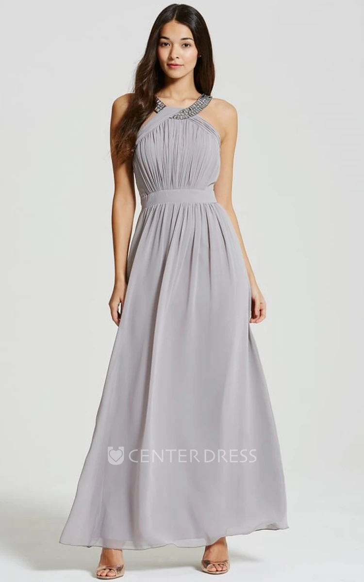 Ankle-Length Sleeveless Ruched Scoop Neck Chiffon Bridesmaid Dress With Straps