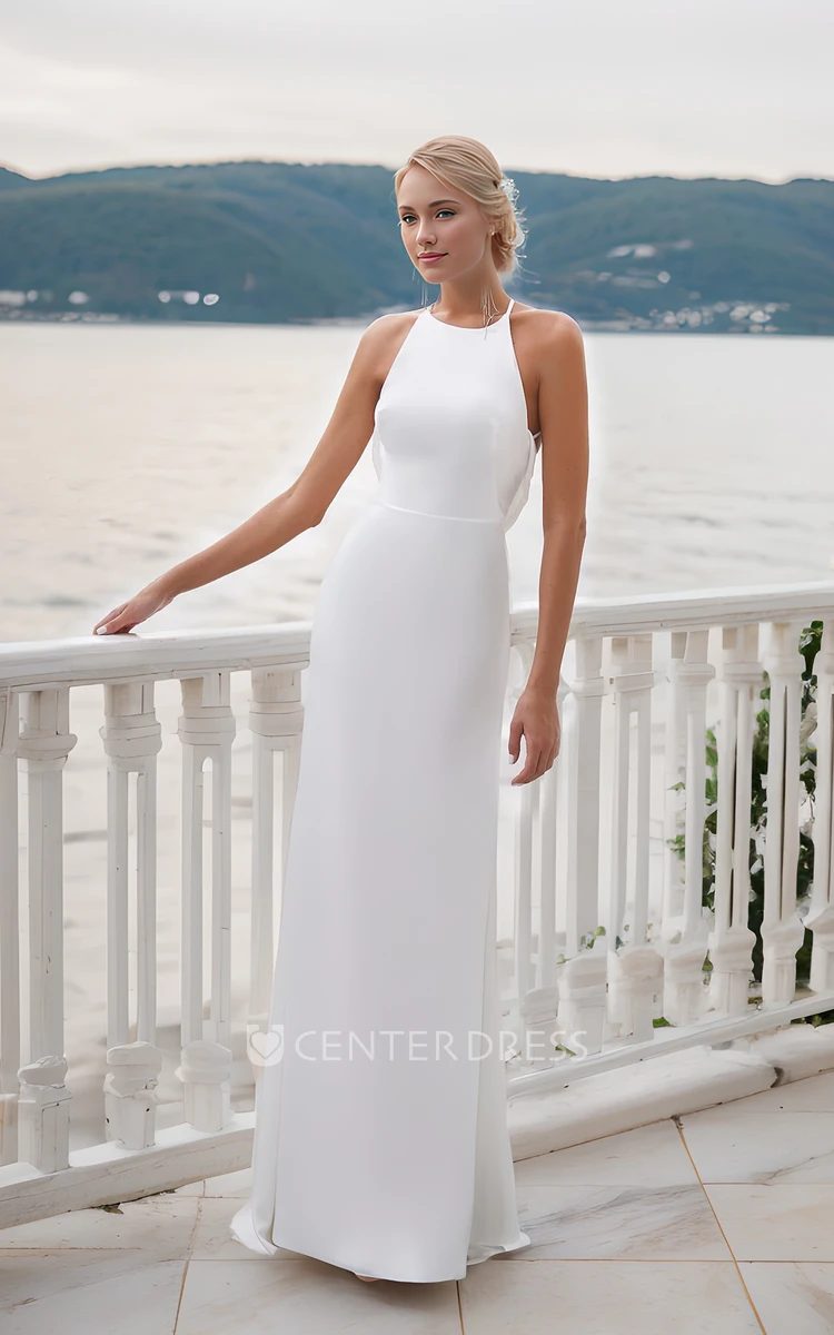 Simple Solid Sexy Halter Neck Sheath Wedding Dress Beach Floor-length Sleeveless Open Cross Straps Cowl Back Bridal Gown with Sweep Train