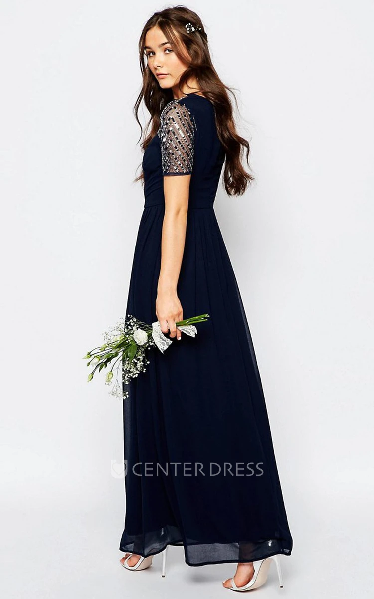 A-Line Short-Sleeve Sequined Jewel-Neck Ankle-Length Chiffon Bridesmaid Dress With Pleats