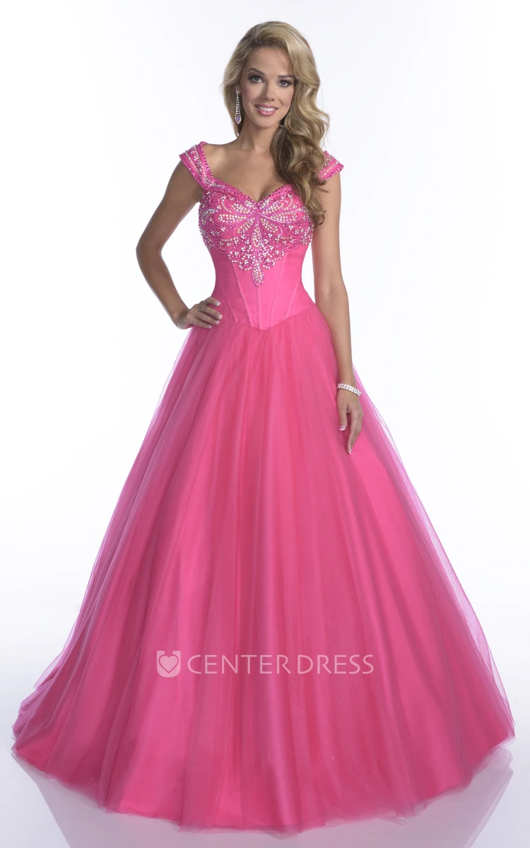 Cap Sleeve Tulle A-Line Quinceanera Dress With Crystal Top