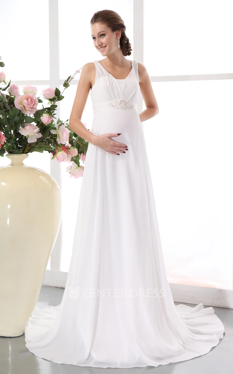 Soft Flowing Empire Chiffon Sleevess Maternity Wedding Gown With Beading