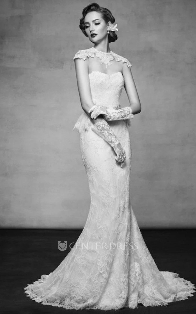 Maxi High Neck Appliqued Cap-Sleeve Lace Wedding Dress With Peplum