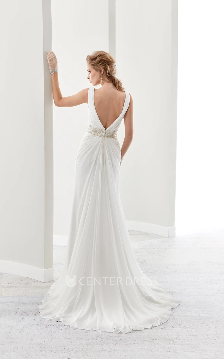 Deep-V Chiffon Draping Bridal Gown With Pleated Details And Open Back