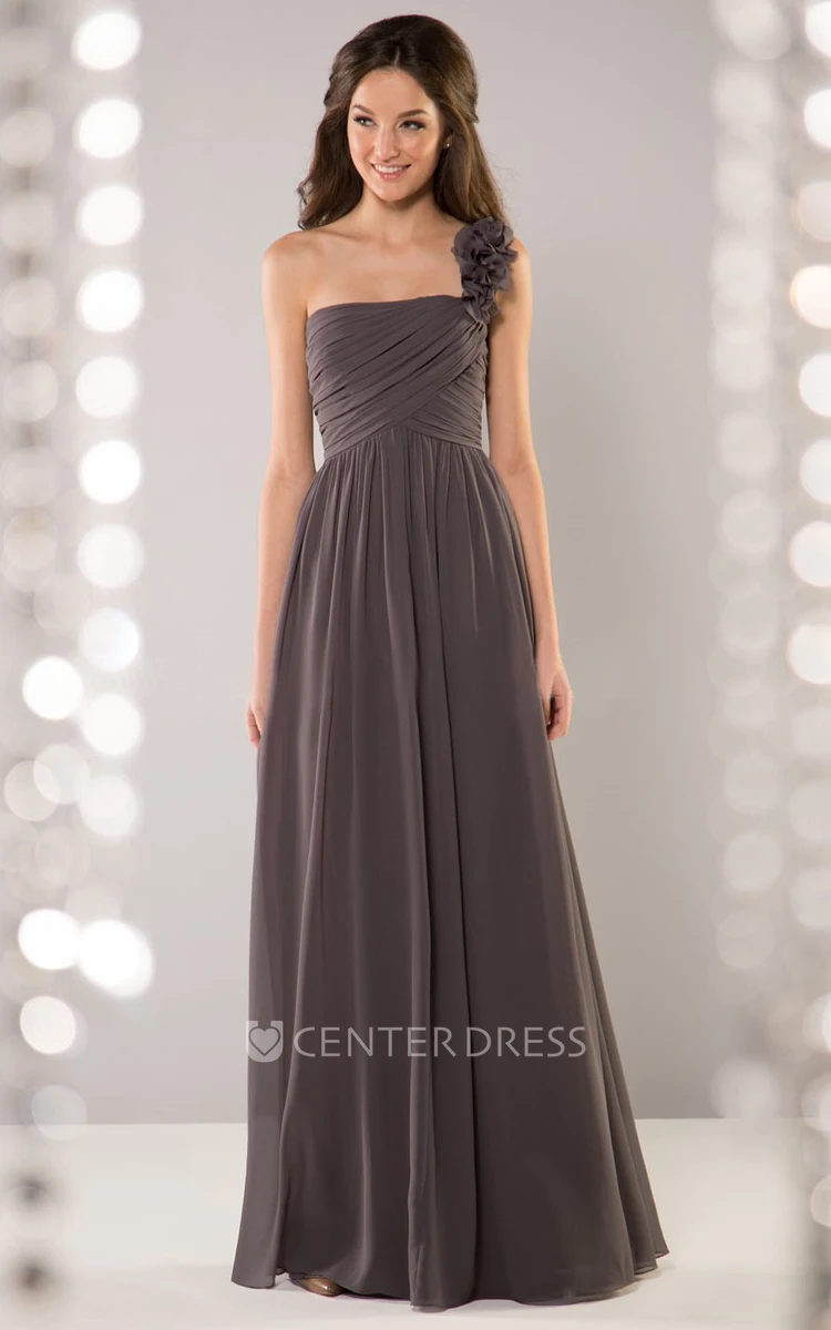 One-Shoulder A-Line Crisscrossed Bridesmaid Dress With Floral Detail