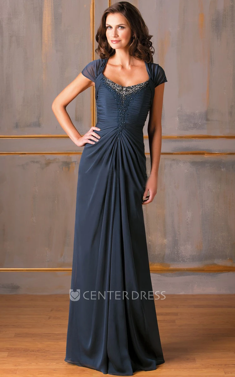 Cap-Sleeved Square-Neck Long Mother Of The Bride Dress With Beadings And Ruches