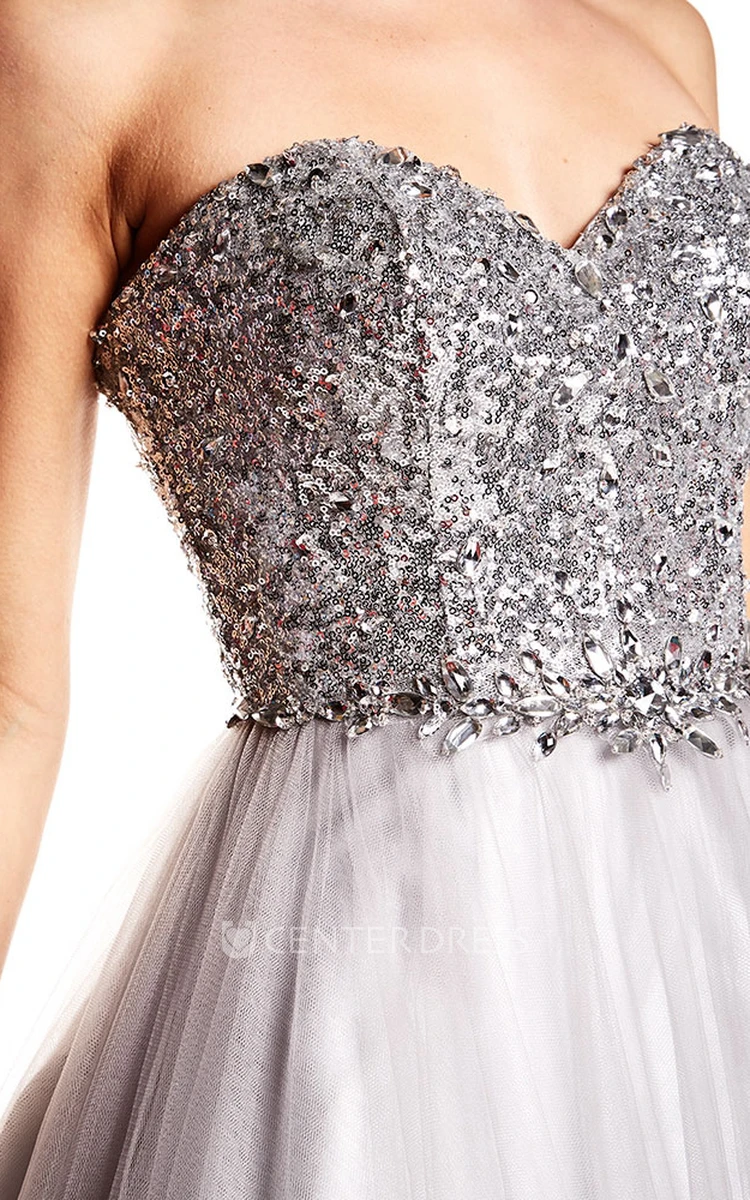 A-Line Floor-Length Sweetheart Sleeveless Sequins&Tulle Prom Dress