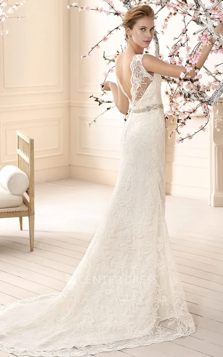 Sheath Floor-Length Appliqued V-Neck Sleeveless Lace Wedding Dress With Waist Jewellery