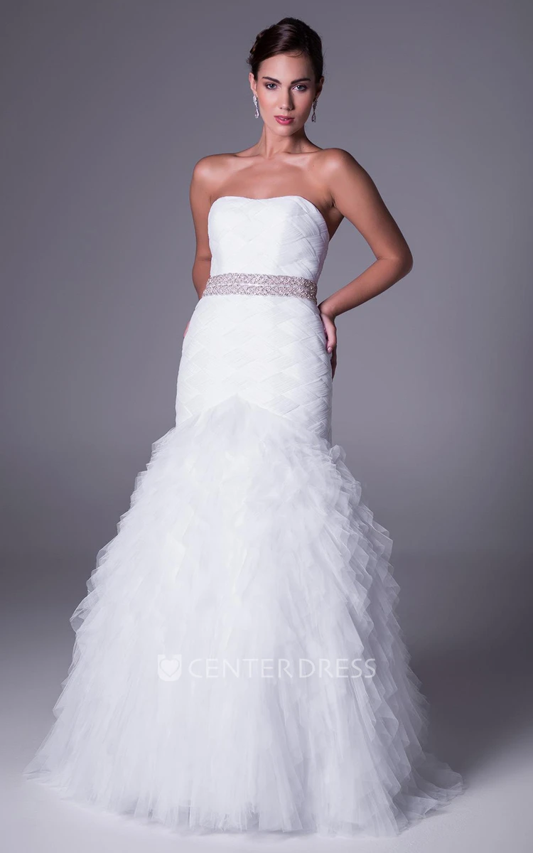 Long Strapless Cascading-Ruffle Sleeveless Tulle Wedding Dress With Waist Jewellery