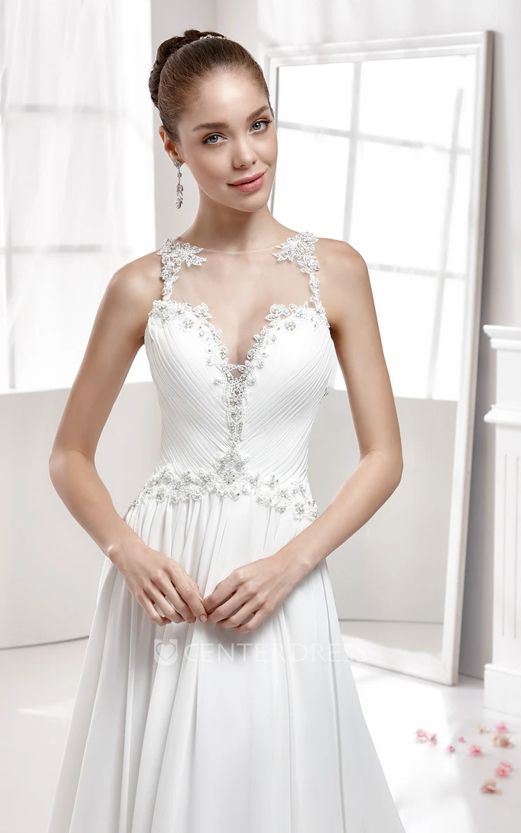 Jewel-Neck Draping Chiffon Wedding Dress With Illusive Neckline And Beaded Bodice