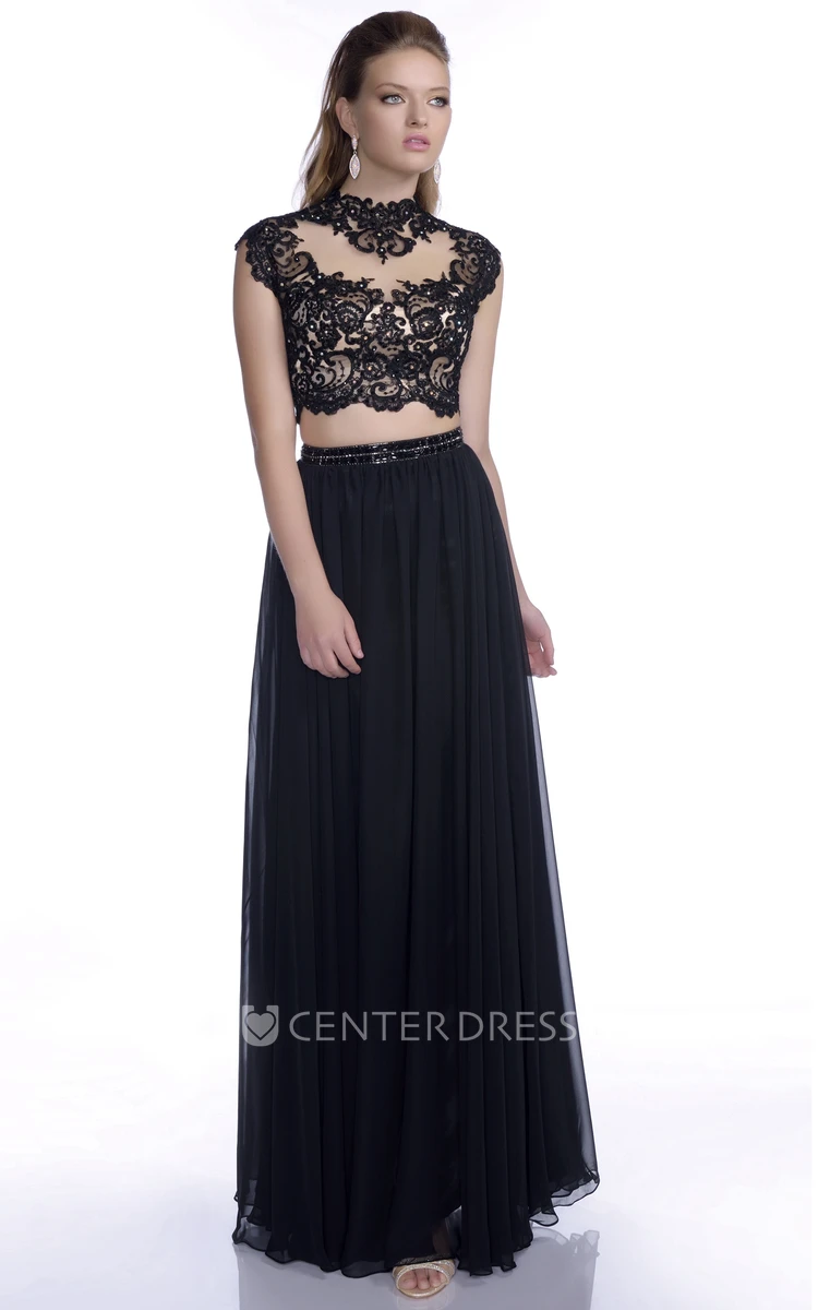 A-Line Chiffon Cap Sleeve Gown With Lace Bodice And Pleats