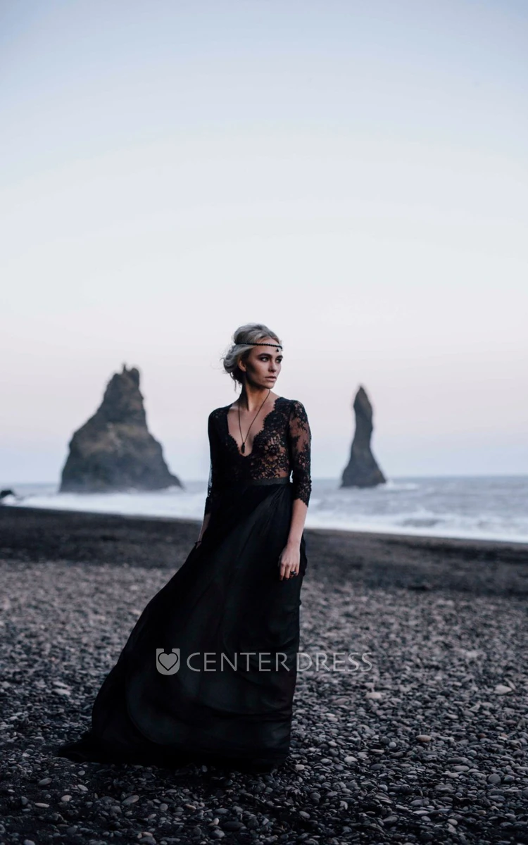 Sheath 3-4 Length Sleeve Floor-length V-neck Button Illusion Back Lace Black Wedding Dress