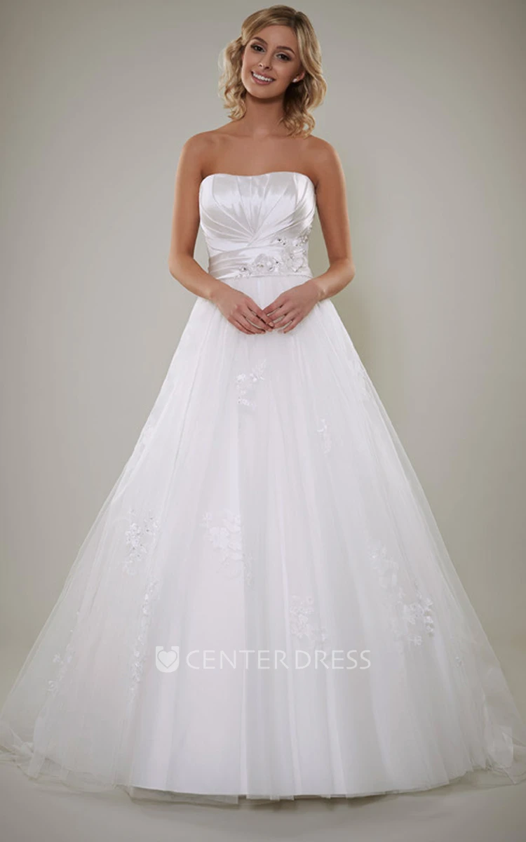 A-Line Ball-Gown Floor-Length Beaded Sleeveless Strapless Satin Wedding Dress With Lace-Up Back And Appliques