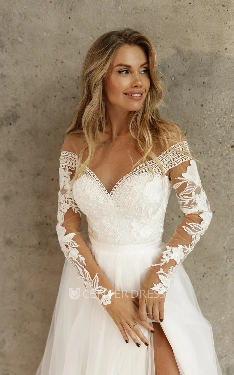 Boho A-Line Scalloped Marriage Dress Lace Tulle Brush Train Long Sleeve Button Beading